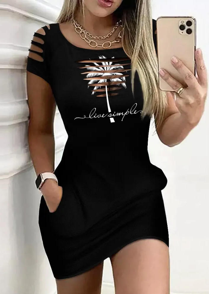 

Live Simple Coconut Tree Hollow Out Pocket Mini Dress - Black, SCM015766