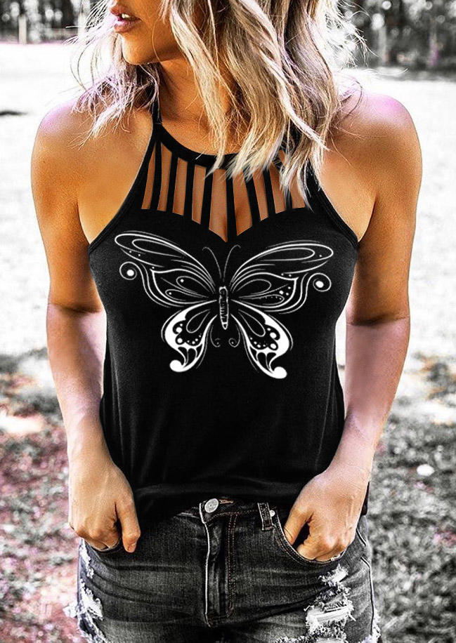 

Butterfly Hollow Out O-Neck Tank - Black, SCM015796