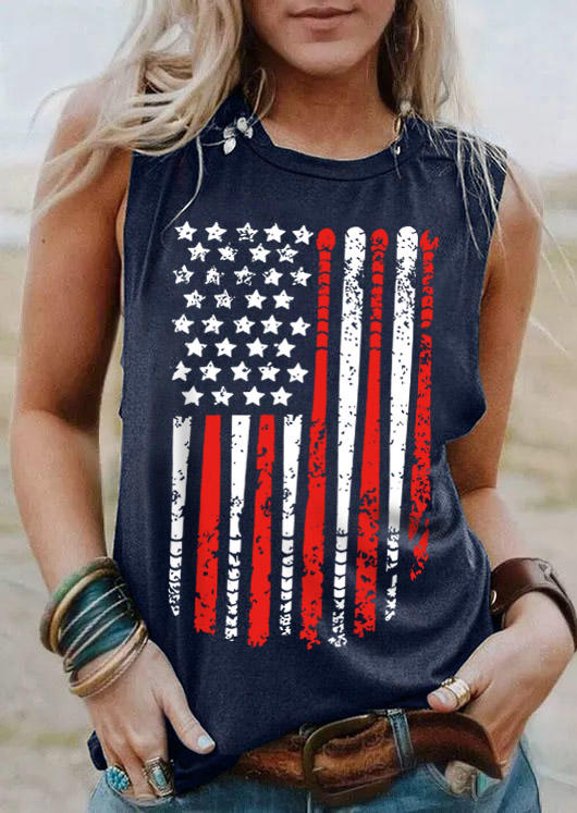 

American Flag Baseball Bat O-Neck Tank - Navy Blue, SCM015871