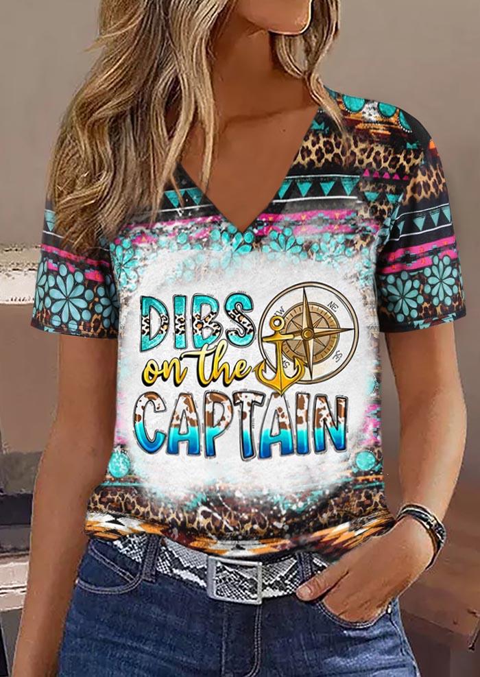 

Dibs On The Captain Leopard Aztec Geometric Anchor Bleached T-Shirt Tee, Multicolor, SCM015478