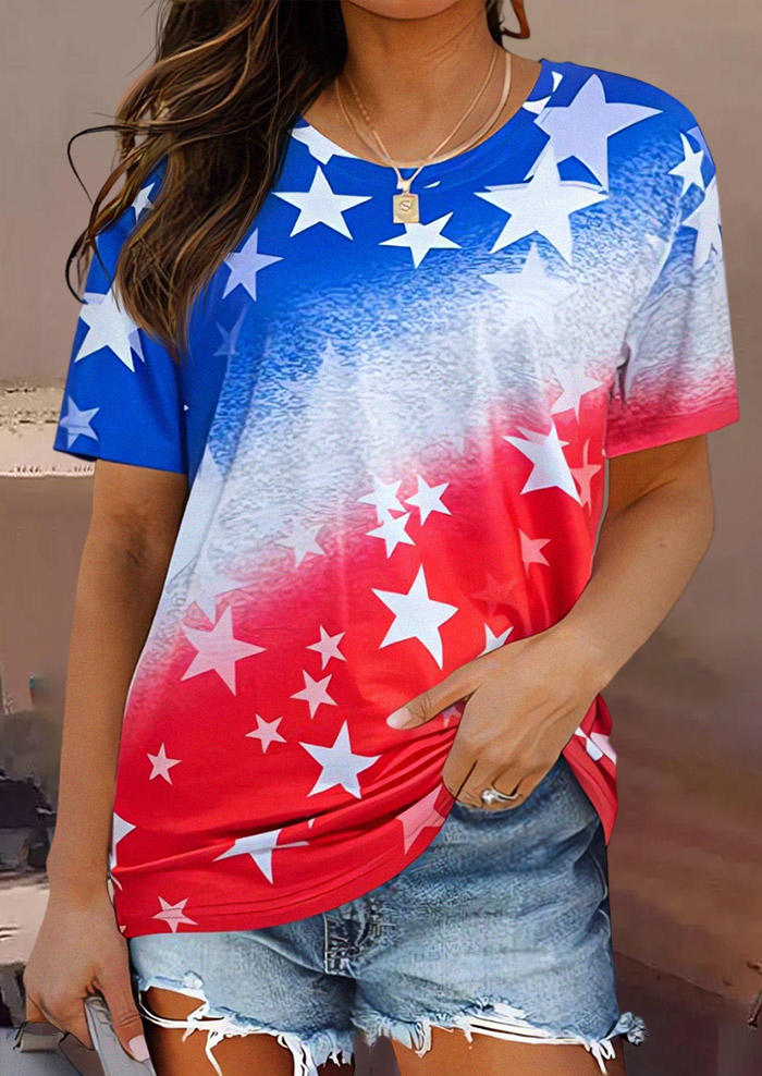 

American Flag Star O-Neck Blouse, Multicolor, SCM015571