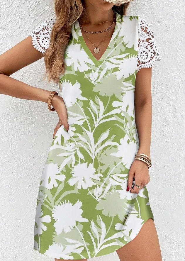 

Floral Lace Splicing V-Neck Mini Dress - Green, SCM016079