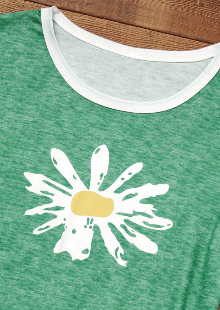 Daisy Floral Splicing O-Neck T-Shirt Tee - Green