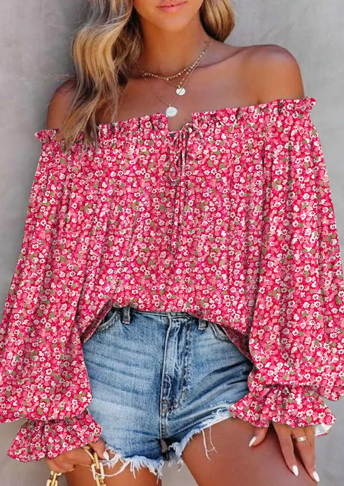

Ditsy Floral Ruffled Off Shoulder Lantern Sleeve Blouse - Pink, SCM016177