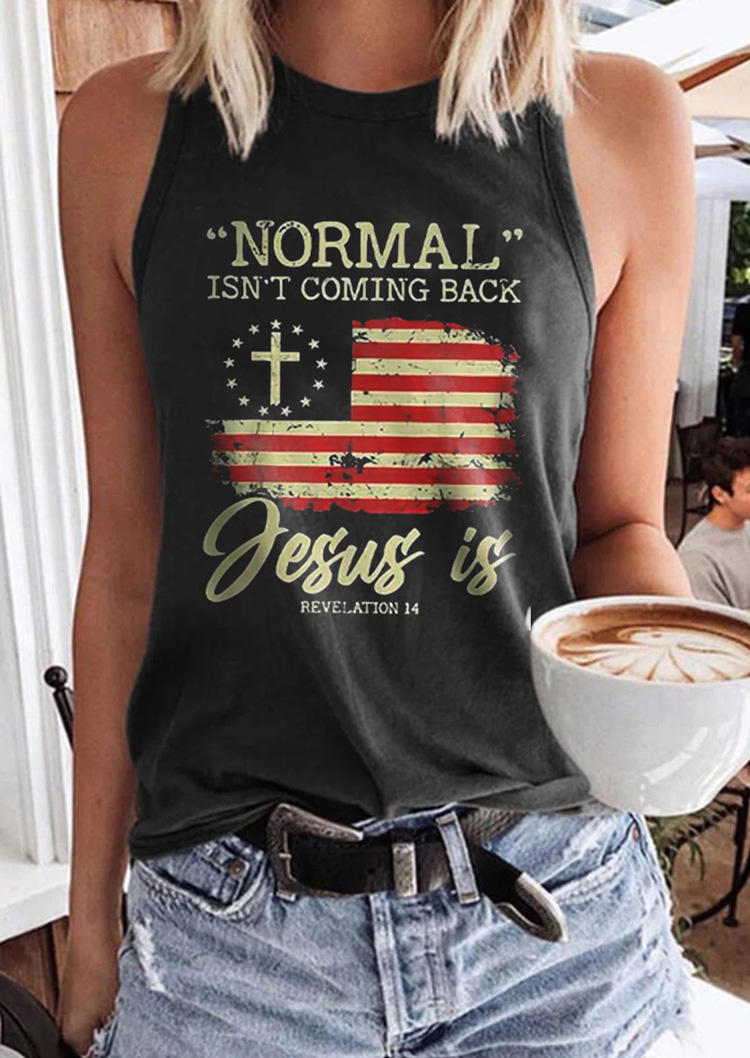 

Normal Isn't Coming Back Jesus Is American Flag Racerback Tank - Dark Grey, Gray, SCM016198