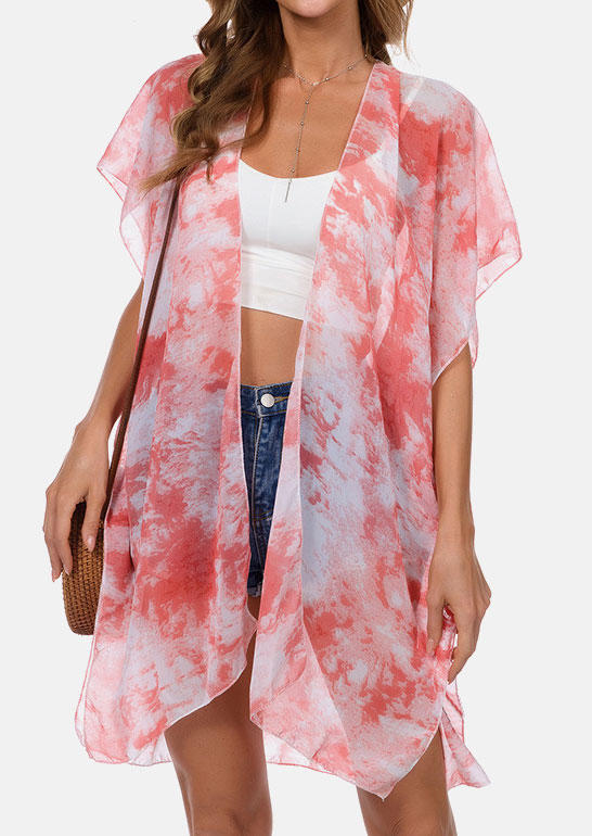 

Tie Dye Batwing Sleeve Open Front Cardigan - Red, SCM015182