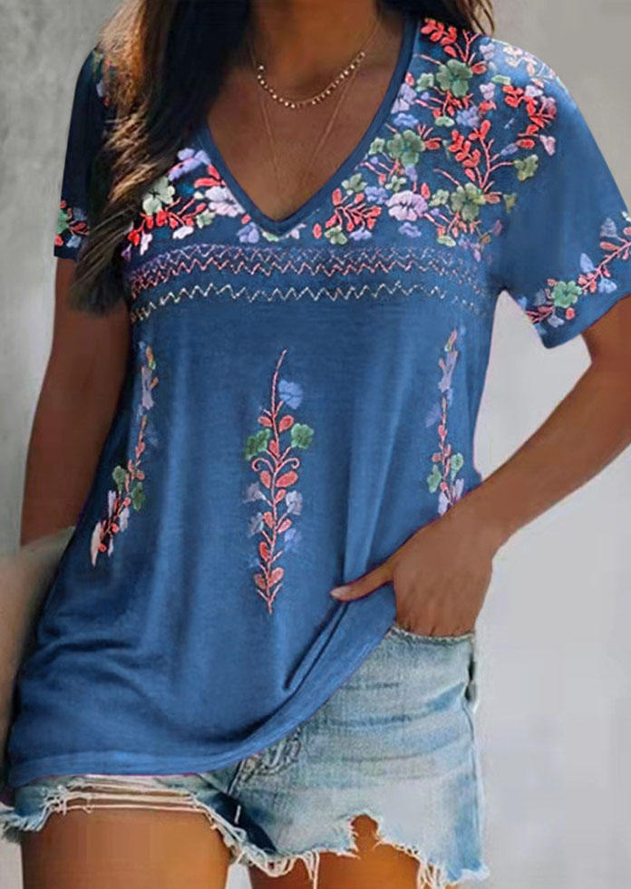 

Floral Loose V-Neck Blouse, Multicolor, SCM015603