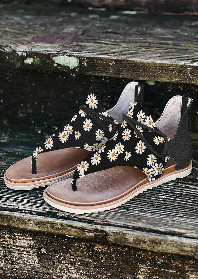 Daisy Zipper Flat Thong Sandals - Black