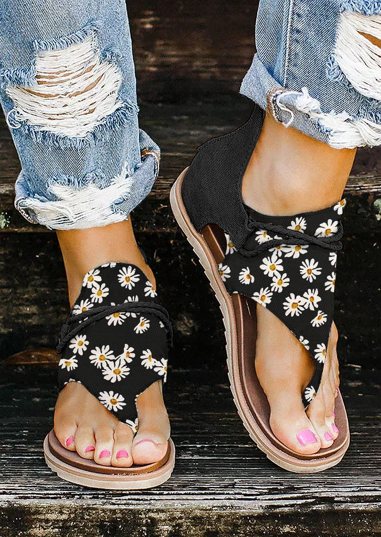 

Daisy Zipper Flat Thong Sandals - Black, SCM015811