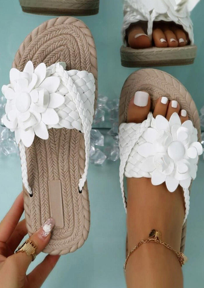 Floral Flip Flops Trendy Flat Slippers without Anklet - White