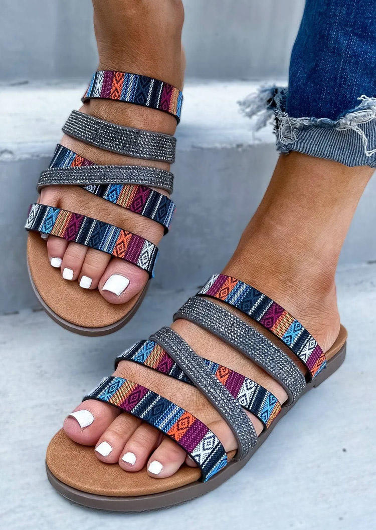 

Aztec Geometric Color Block Criss-Cross Round Toe Flat Slippers, Multicolor, SCM016124