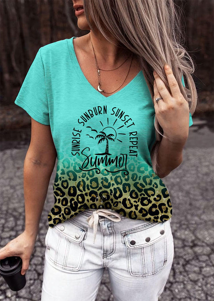 

Summer Sunrise Sunburn Sunset Repeat Coconut Tree Leopard T-Shirt Tee - Cyan, Blue, SCM016025