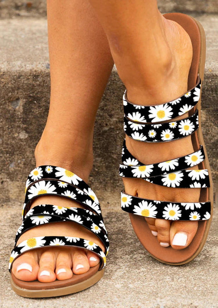 Daisy Criss-Cross Round Toe Flat Slippers - Black