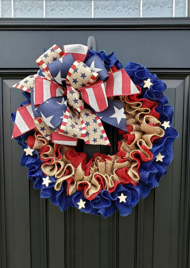 

American Flag Star Bowknot Wall Door Decor Wreath, Multicolor, SCM016077