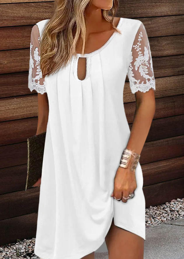

Lace Splicing Hollow Out Ruffled Mini Dress - White, SCM016142