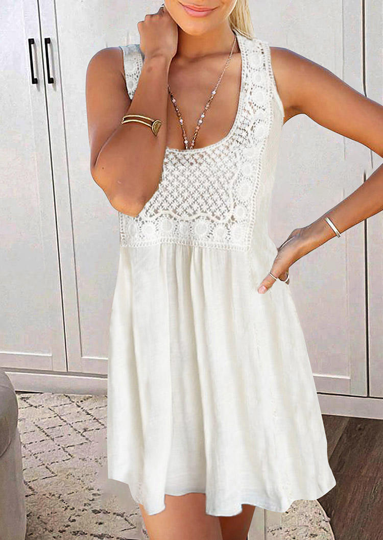 Lace Splicing Hollow Out Sleeveless Mini Dress - White