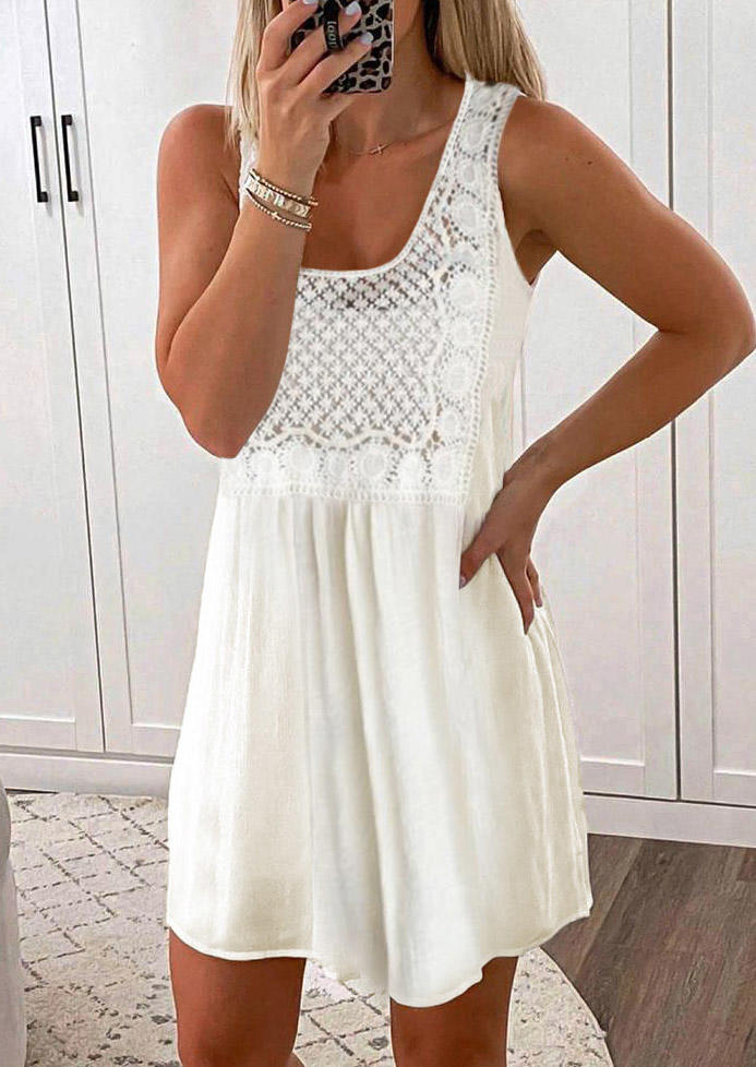 

Lace Splicing Hollow Out Sleeveless Mini Dress - White, SCM016056
