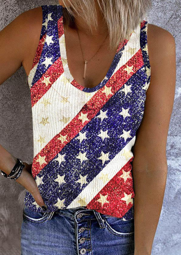 

American Flag Color Block Star Ribbed Tank, Multicolor, SCM016108