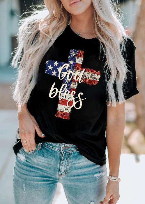 

God Bless American Flag Cross Leopard T-Shirt Tee - Black, SCM016272