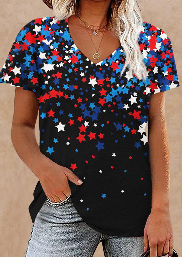 

Colorful Star Casual V-Neck Blouse, Multicolor, SCM016295