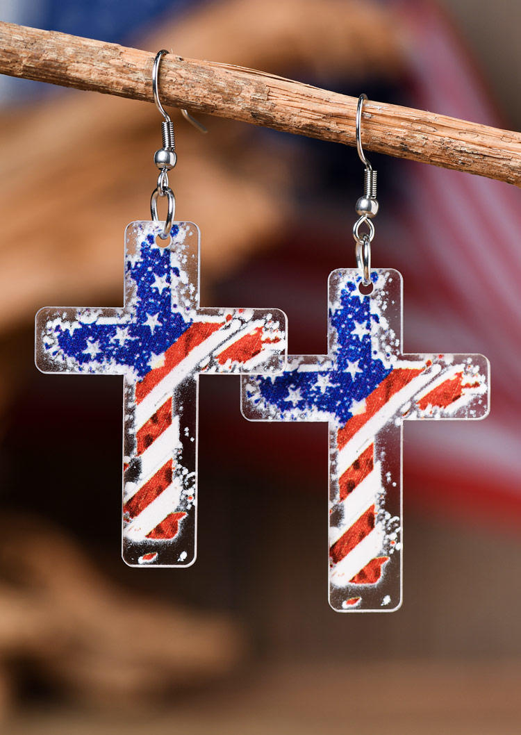 

American Flag Cross Hook Earrings, Multicolor, SCM016069