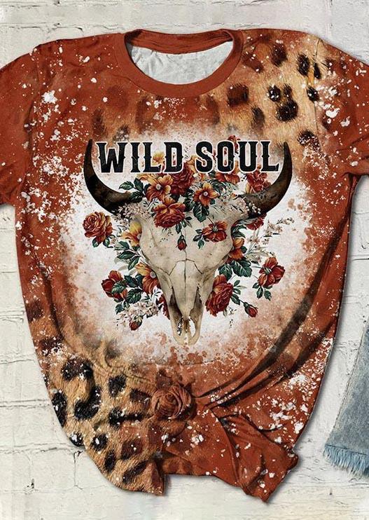 

Wild Soul Floral Steer Skull Leopard Bleached T-Shirt Tee, Multicolor, SCM015950