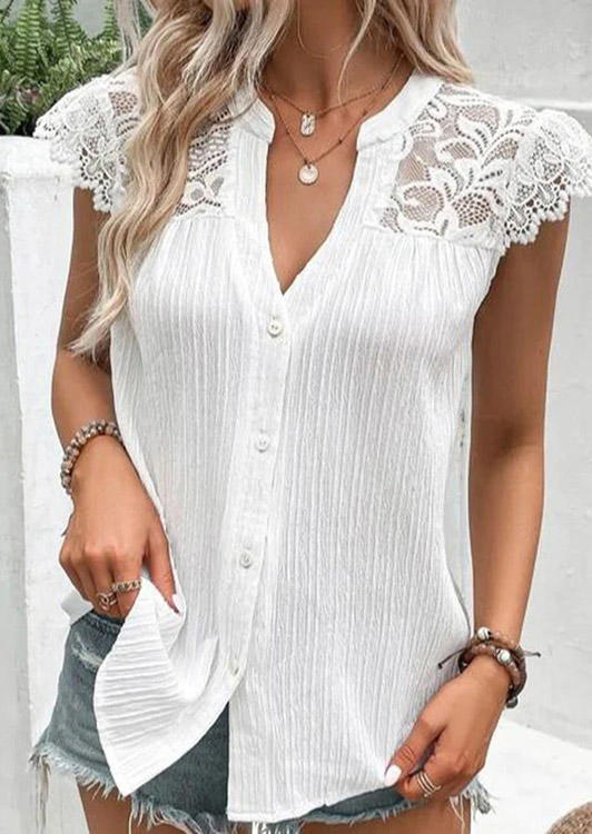 

Lace Splicing Button Notched Collar Blouse - White, SCM016178