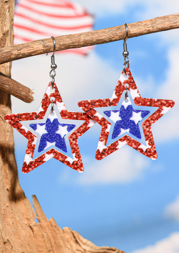 

American Flag Hollow Out Star Hook Earrings, Multicolor, SCM016194
