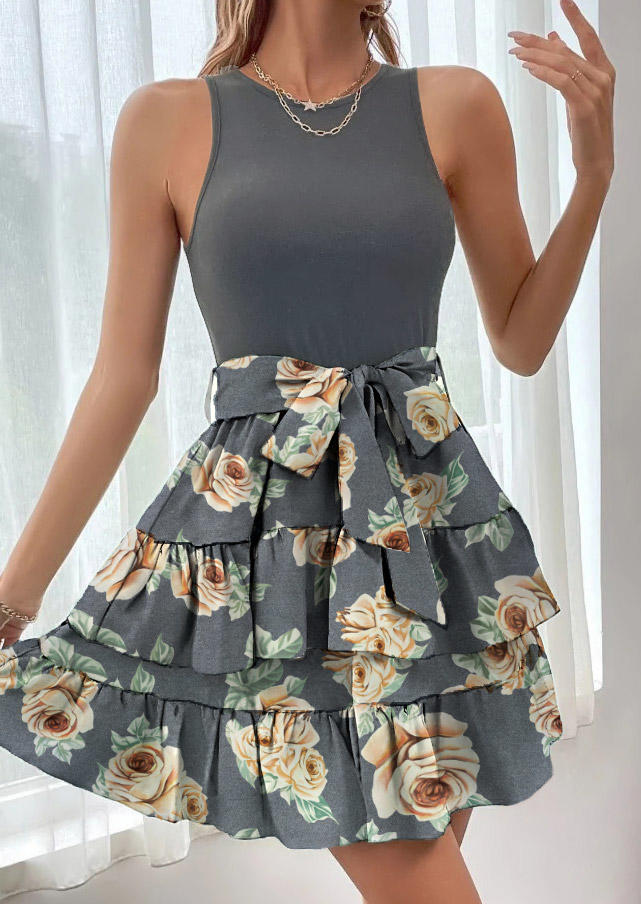 Floral Ruffled Tie Sleeveless Mini Dress
