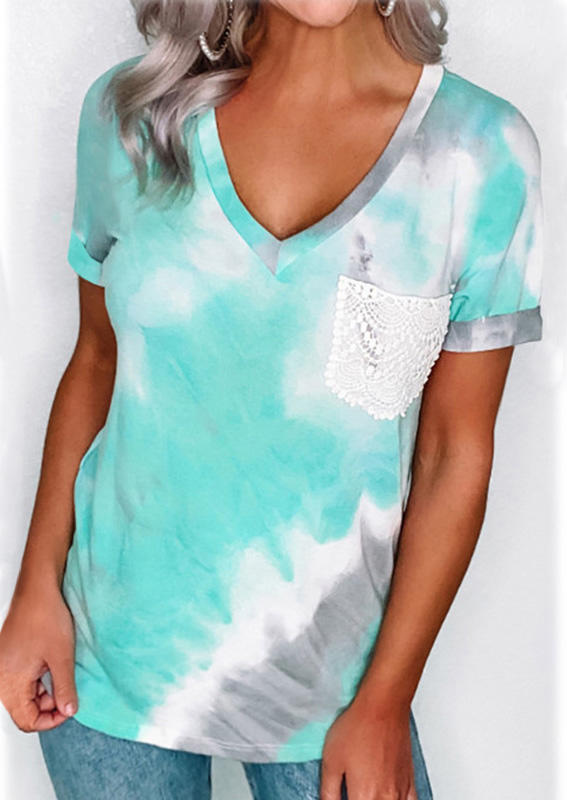 

Tie Dye Lace Splicing Pocket Blouse, Multicolor, SCM016102