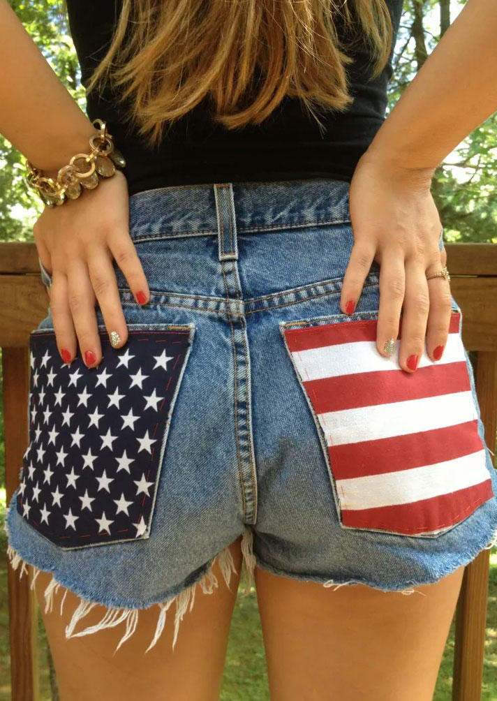 

American Flag Pocket Button Ripped Denim Shorts - Blue, SCM016261