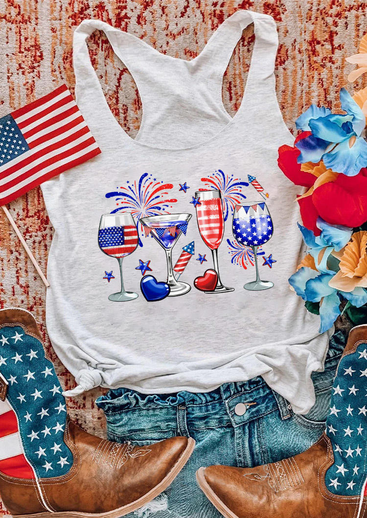 

American Flag Wine Glass Racerback Tank - Light Grey, Gray, SCM016284