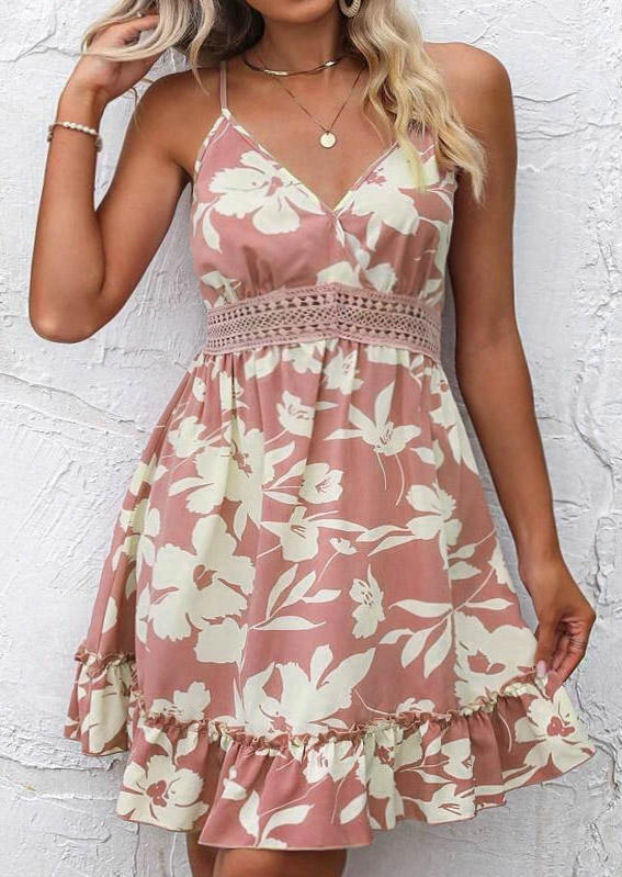 

Floral Lace Splicing Ruffled Open Back Spaghetti Strap Mini Dress, Multicolor, SCM015935
