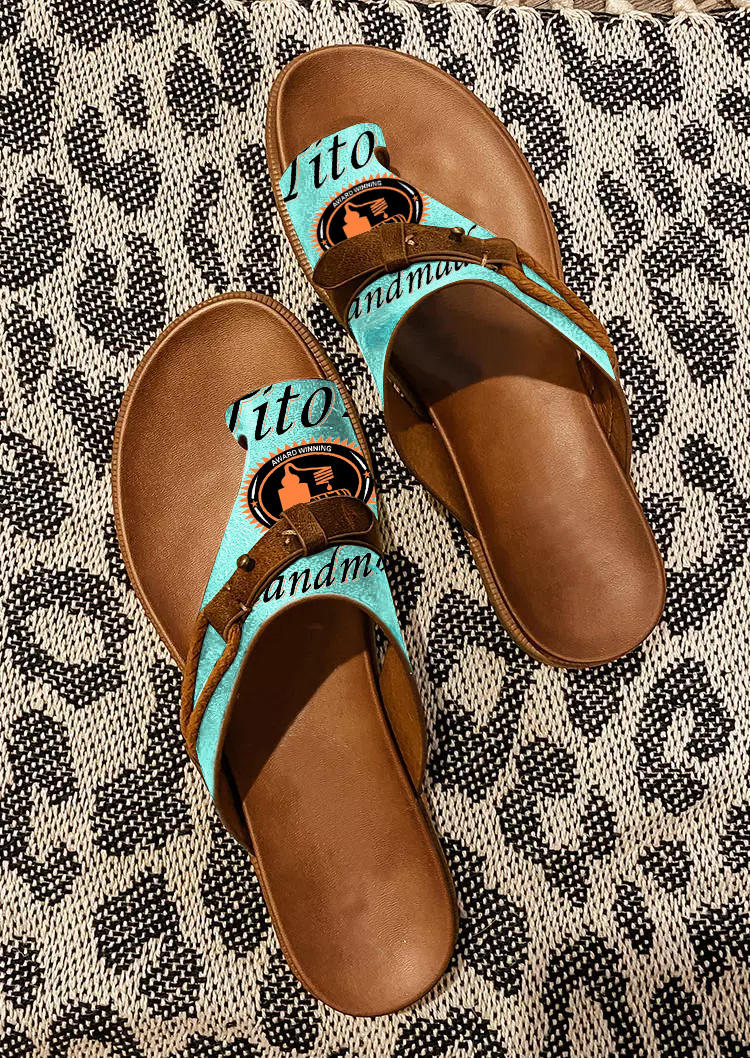 Drinks Letter Graphic Toe Ring Flat Slippers - Cyan