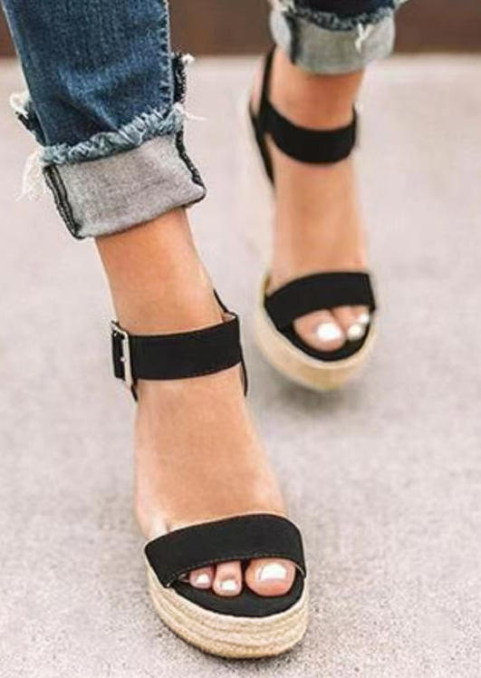 

Buckle Strap Round Toe Wedge Sandals - Black, SCM016074