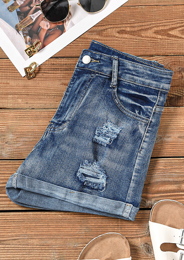 Ripped Frayed Zipper Pocket Denim Shorts