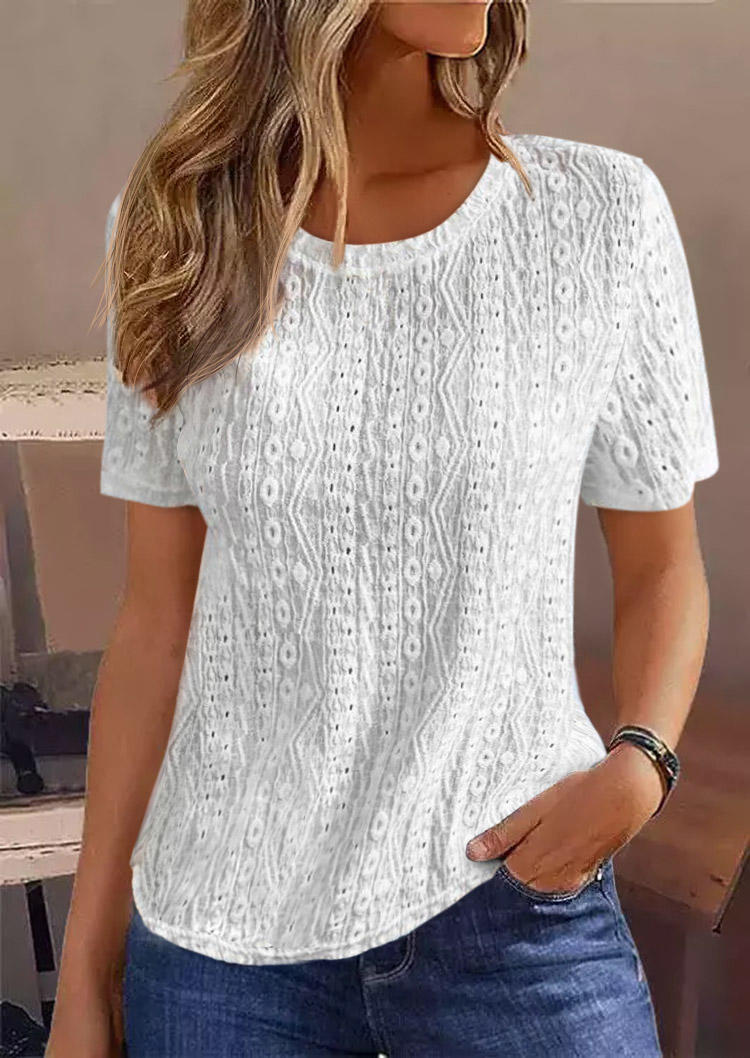 

Hollow Out Short Sleeve O-Neck Blouse - White, SCM016277