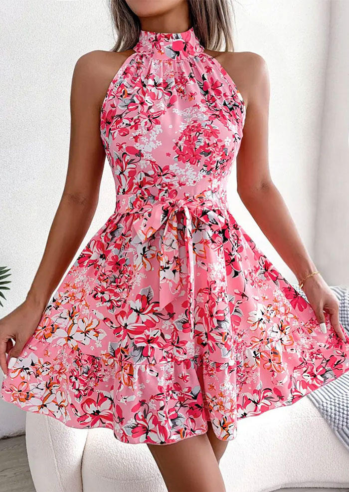 

Floral Ruffled Button Hollow Out Zipper Mini Dress - Pink, SCM016383