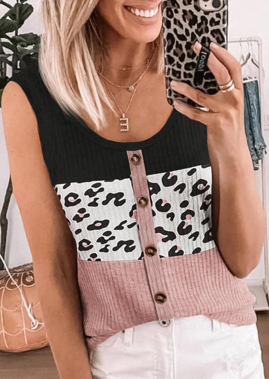 

Color Block Leopard Button Ribbed Tank, Multicolor, SCM016042