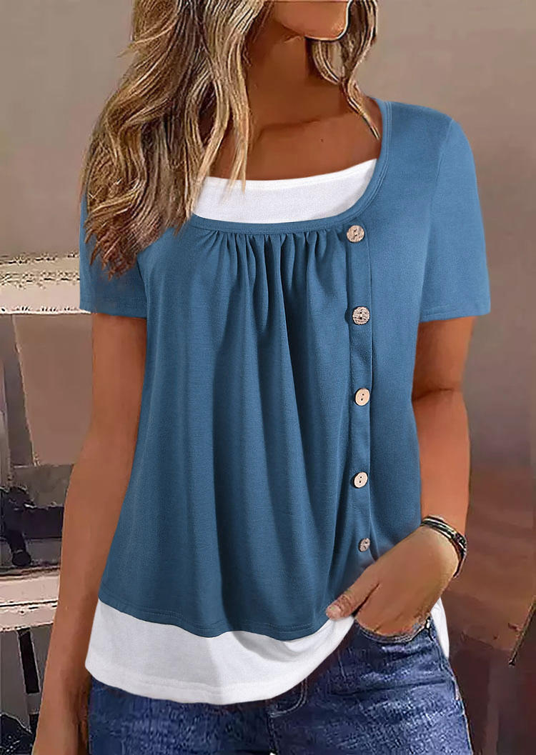 

Color Block Ruffled Button Fake Two-Piece Blouse - Blue, SCM016084