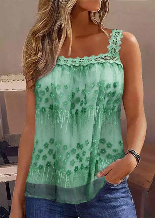 

Ditsy Floral Lace Splicing Ruffled Mesh Tank - Green, SCM016326