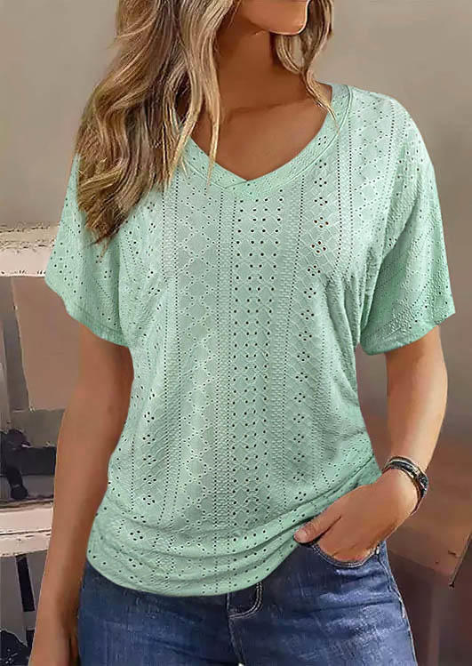 

Hollow Out Ruched V-Neck Blouse - Light Green, SCM016327