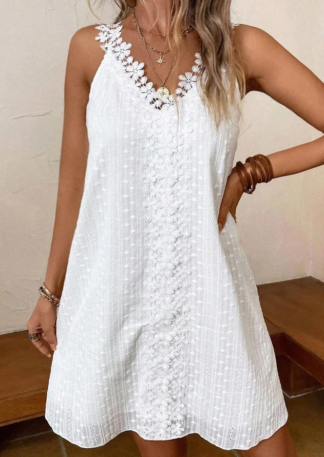 

Lace Splicing V-Neck Mini Dress - White, SCM016385