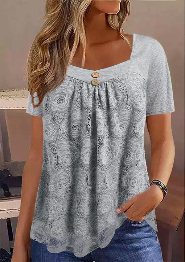 

Floral Lace Splicing Button Ruffled Blouse - Gray, SCM016403