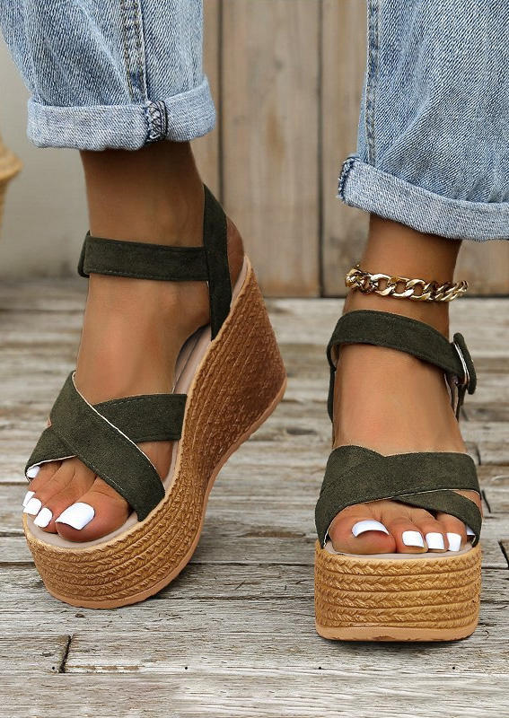 

Criss-Cross Buckle Wedge Sandals - Army Green, SCM016418