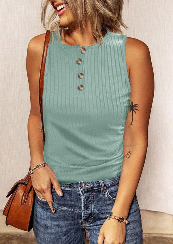 

Ribbed Button O-Neck Sleeveless Tank, Green, SCM016466