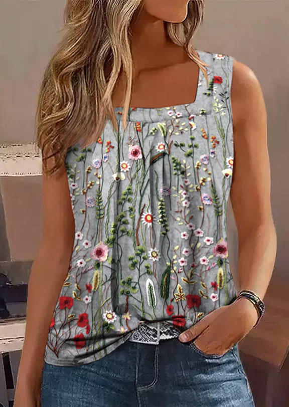 

Ditsy Floral Ruffled Square Collar Tank, Multicolor, SCM016575