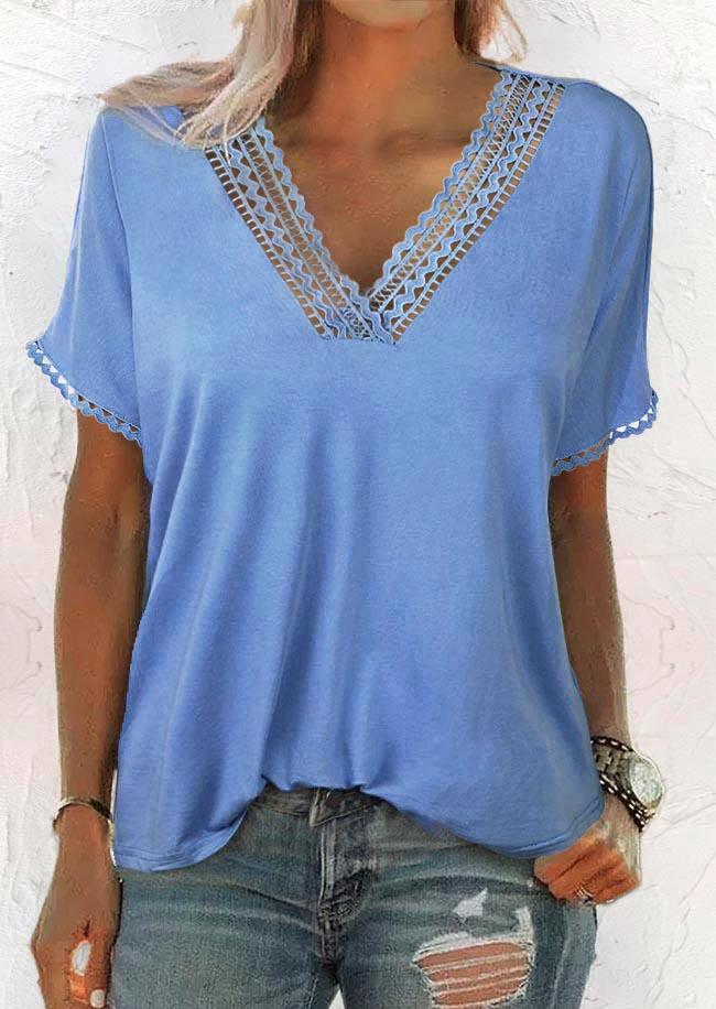 

Lace Splicing Hollow Out Blouse - Blue, SCM016164