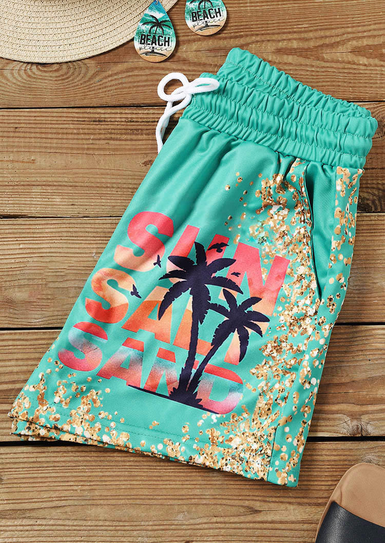 Sun Salt Sand Coconut Tree Glitter Pocket Shorts - Lake Blue