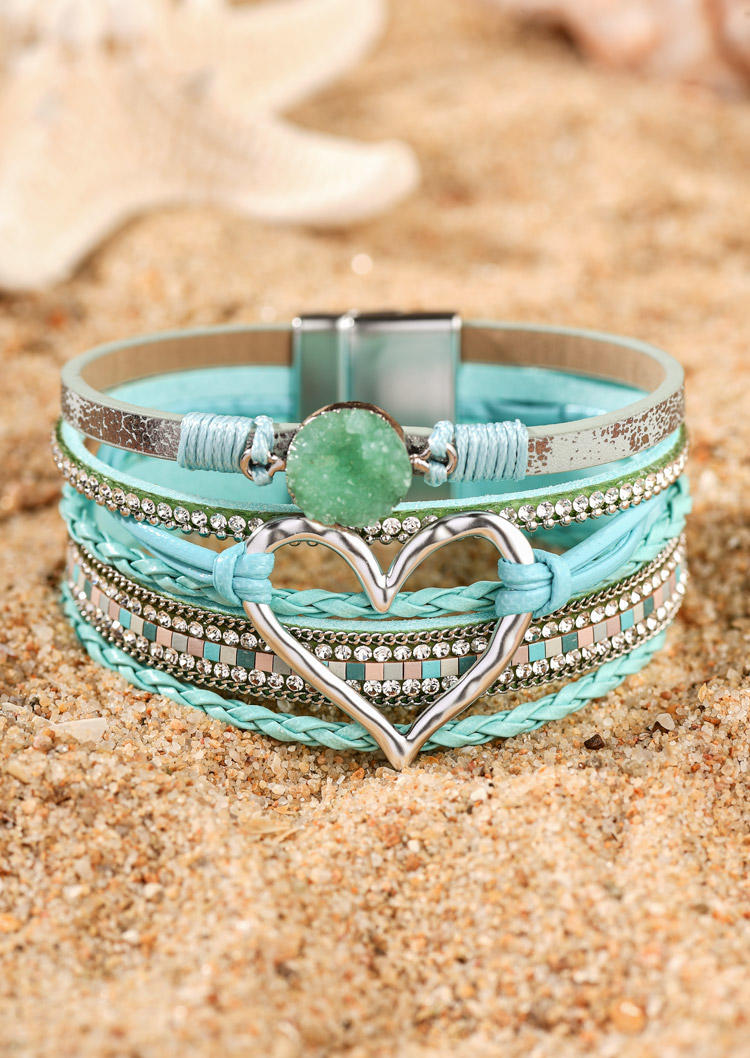 

Rhinestone Heart Alloy Magnetic Buckle Bracelet, Blue, SCM016412